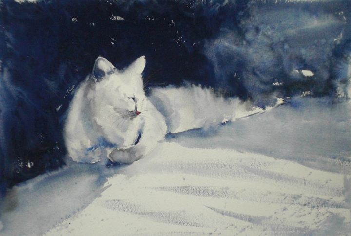 Painting titled "lying cat" by Giorgio Gosti, Original Artwork, Watercolor