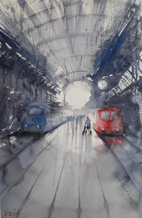 Painting titled "trains 15" by Giorgio Gosti, Original Artwork, Watercolor