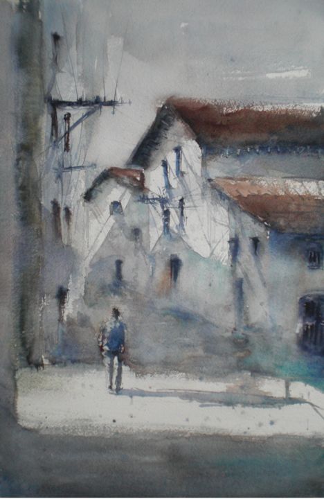 Malerei mit dem Titel "walking in the vill…" von Giorgio Gosti, Original-Kunstwerk, Aquarell