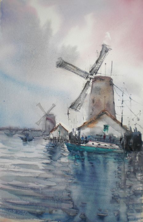 Картина под названием "windmill 2 #artists…" - Giorgio Gosti, Подлинное произведение искусства, Акварель