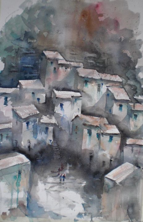 Pintura intitulada "an imaginary villag…" por Giorgio Gosti, Obras de arte originais, Aquarela