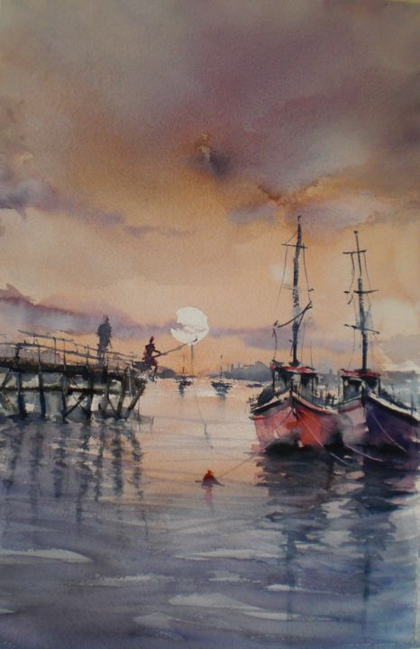 Painting titled "boats 39 #artistsup…" by Giorgio Gosti, Original Artwork, Watercolor