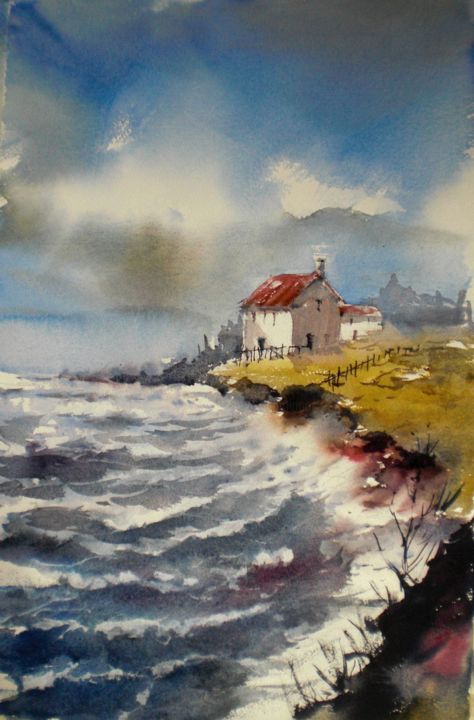 Painting titled "lonely house near t…" by Giorgio Gosti, Original Artwork, Watercolor