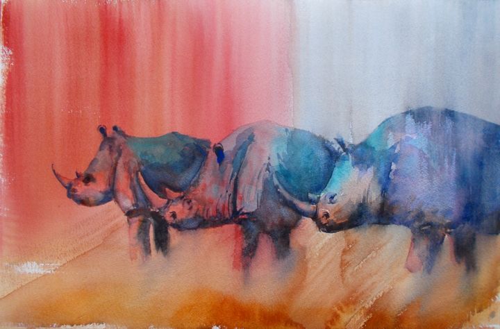 Картина под названием "rhinos" - Giorgio Gosti, Подлинное произведение искусства, Акварель