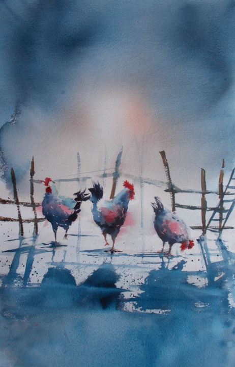 Painting titled "roosters 11" by Giorgio Gosti, Original Artwork, Watercolor