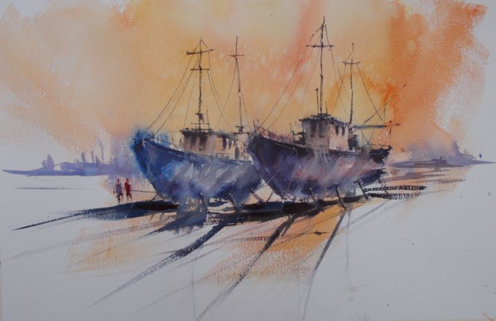 Peinture intitulée "shipyard 7" par Giorgio Gosti, Œuvre d'art originale, Aquarelle