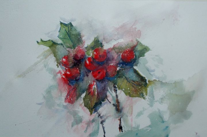 Painting titled "holly berries" by Giorgio Gosti, Original Artwork, Watercolor