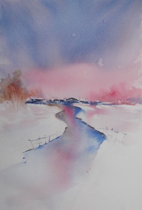 Malerei mit dem Titel "winter landscape 6" von Giorgio Gosti, Original-Kunstwerk, Aquarell