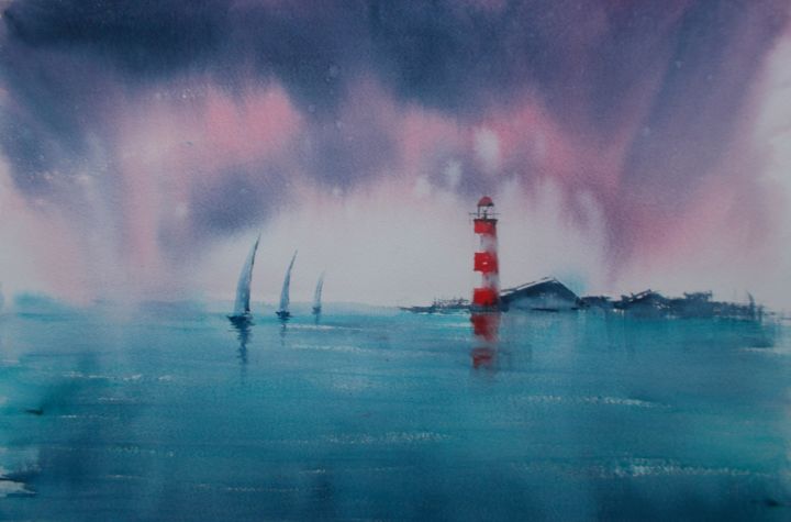 Painting titled "lighthouse 16" by Giorgio Gosti, Original Artwork, Watercolor