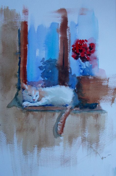 Painting titled "cat on windowsill 2" by Giorgio Gosti, Original Artwork, Watercolor