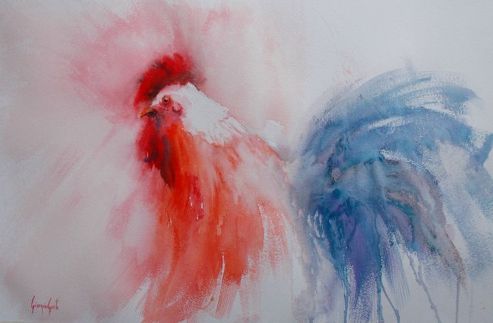 Painting titled "rooster 12" by Giorgio Gosti, Original Artwork, Watercolor