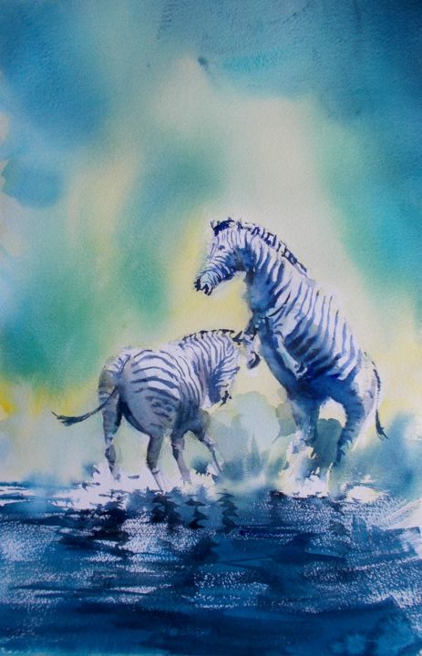 Painting titled "zebras 2" by Giorgio Gosti, Original Artwork, Watercolor