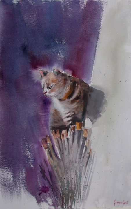 Pintura intitulada "cat 2" por Giorgio Gosti, Obras de arte originais, Aquarela