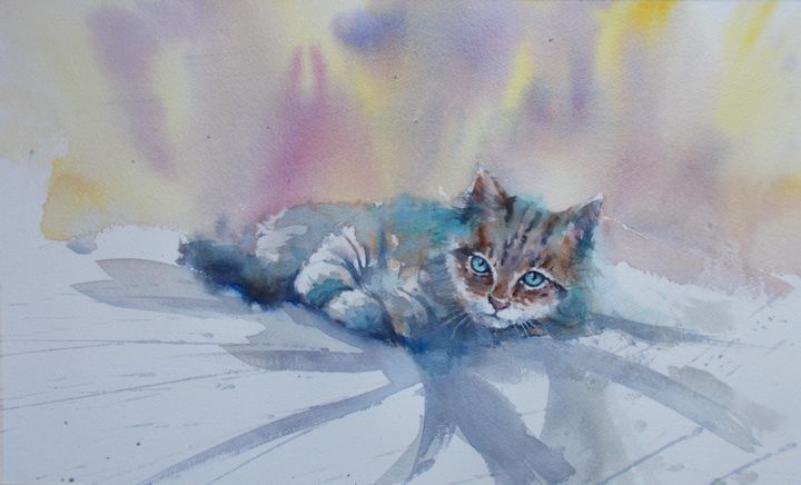 Pintura titulada "lying cat 4" por Giorgio Gosti, Obra de arte original, Acuarela