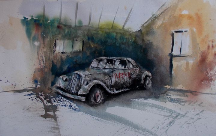 Painting titled "car wreck 2" by Giorgio Gosti, Original Artwork, Watercolor