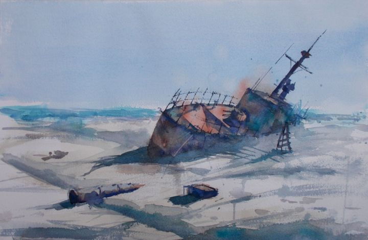 Malarstwo zatytułowany „ship wreck” autorstwa Giorgio Gosti, Oryginalna praca, Akwarela