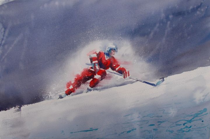 Painting titled "hockey player" by Giorgio Gosti, Original Artwork, Watercolor