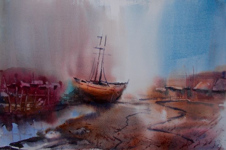 「boat stranded 10」というタイトルの絵画 Giorgio Gostiによって, オリジナルのアートワーク, 水彩画
