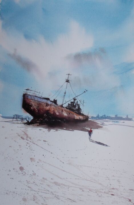 Painting titled "boat stranded 11" by Giorgio Gosti, Original Artwork, Watercolor
