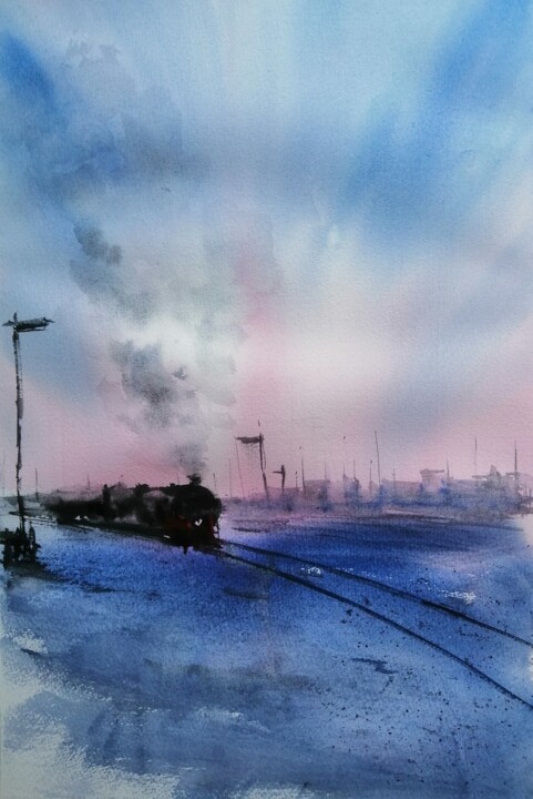 Painting titled "trains 23" by Giorgio Gosti, Original Artwork, Watercolor