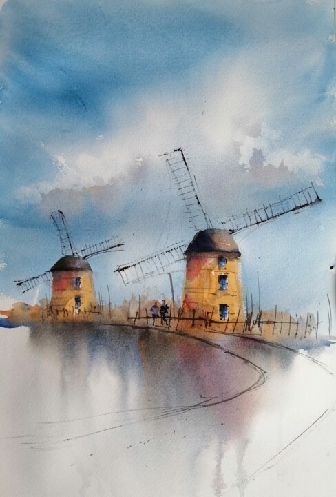 Pintura intitulada "windmill 7" por Giorgio Gosti, Obras de arte originais, Aquarela