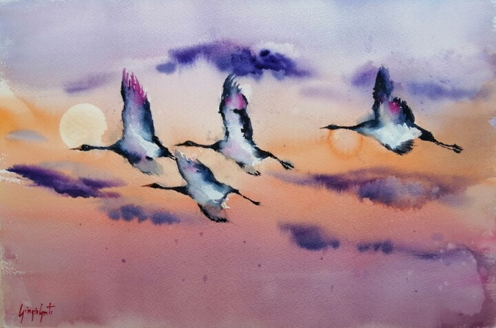 Peinture intitulée "herons" par Giorgio Gosti, Œuvre d'art originale, Aquarelle