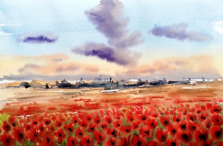 Painting titled "poppies field 3" by Giorgio Gosti, Original Artwork, Watercolor