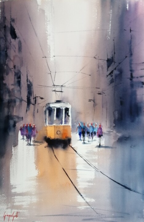 Painting titled "tram in Milan 24" by Giorgio Gosti, Original Artwork, Watercolor
