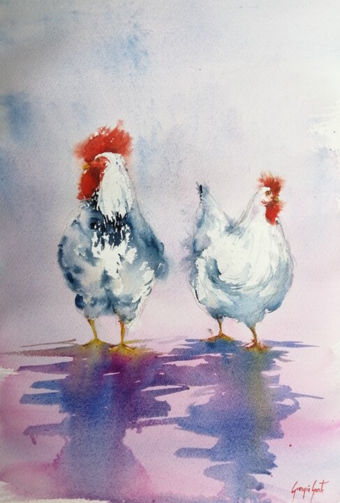 Malarstwo zatytułowany „roosters and hens 6” autorstwa Giorgio Gosti, Oryginalna praca, Akwarela