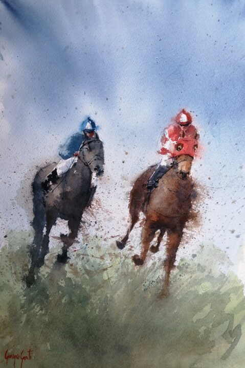 Painting titled "the horse race 40" by Giorgio Gosti, Original Artwork, Watercolor