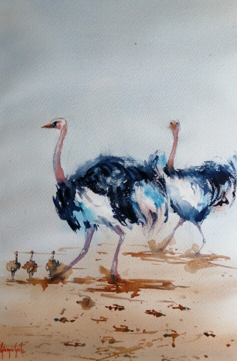 Peinture intitulée "ostriches" par Giorgio Gosti, Œuvre d'art originale, Aquarelle