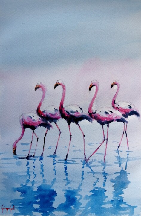 Schilderij getiteld "flamingos 4" door Giorgio Gosti, Origineel Kunstwerk, Aquarel