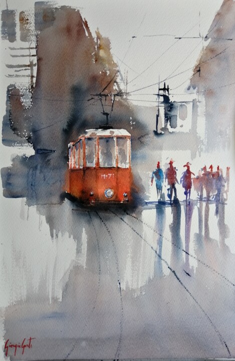 Painting titled "tram in Milan 27" by Giorgio Gosti, Original Artwork, Watercolor
