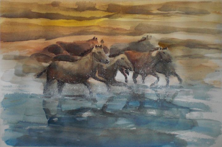 Painting titled "horse race" by Giorgio Gosti, Original Artwork, Watercolor