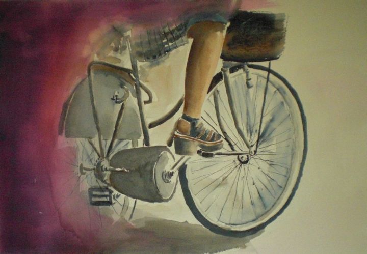 Ζωγραφική με τίτλο "on the bicycle" από Giorgio Gosti, Αυθεντικά έργα τέχνης, Ακουαρέλα