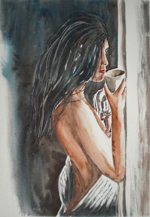 Painting titled "coffe time" by Giorgio Gosti, Original Artwork, Watercolor