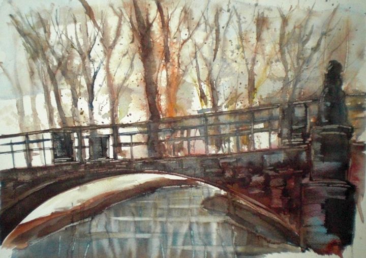 Painting titled "autumn's bridge" by Giorgio Gosti, Original Artwork, Watercolor