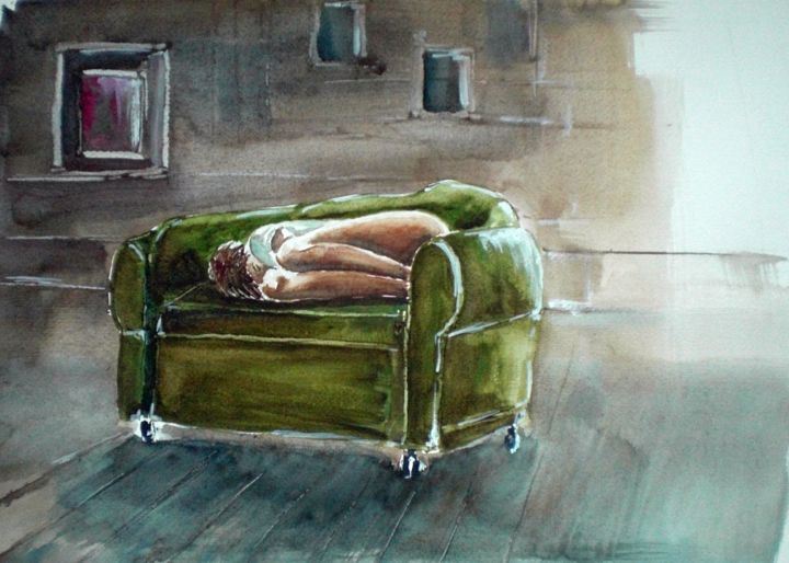 Schilderij getiteld "sleeping on the cou…" door Giorgio Gosti, Origineel Kunstwerk, Aquarel
