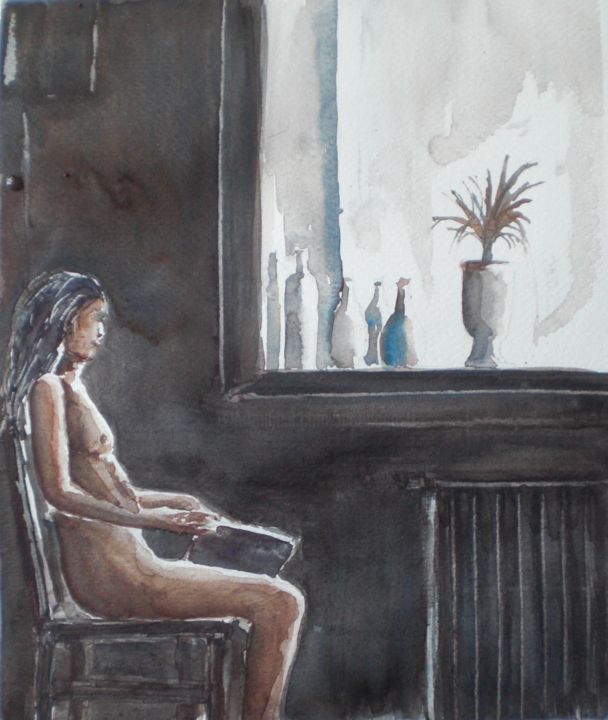 Pintura titulada "sitting reading" por Giorgio Gosti, Obra de arte original, Acuarela