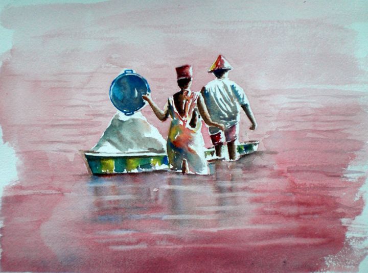 Painting titled "pink lake - Senegal" by Giorgio Gosti, Original Artwork, Watercolor