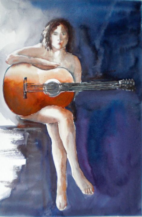 Schilderij getiteld "girl with the guitar" door Giorgio Gosti, Origineel Kunstwerk, Aquarel