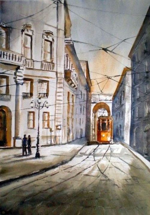 Painting titled "yellow tram" by Giorgio Gosti, Original Artwork, Watercolor