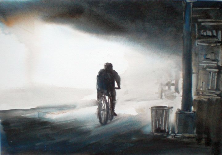 Painting titled "bicycling" by Giorgio Gosti, Original Artwork, Watercolor