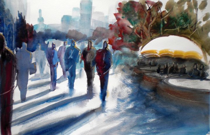 Malerei mit dem Titel "Walking people" von Giorgio Gosti, Original-Kunstwerk, Aquarell