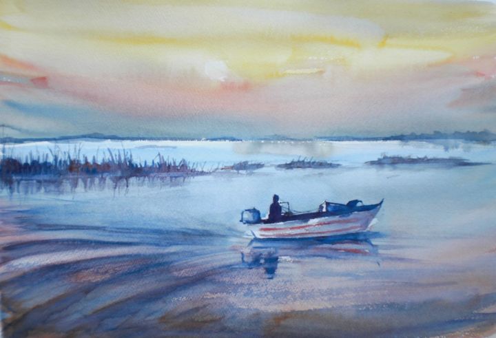 Painting titled "boat in the Comacch…" by Giorgio Gosti, Original Artwork, Watercolor