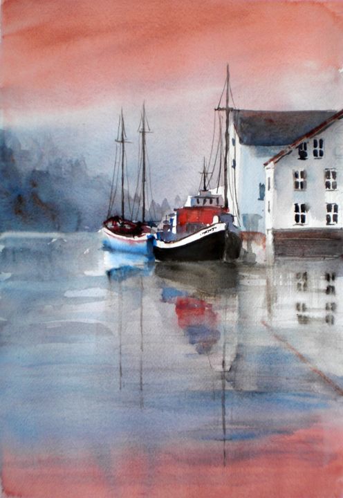 Painting titled "boats and houses" by Giorgio Gosti, Original Artwork, Watercolor