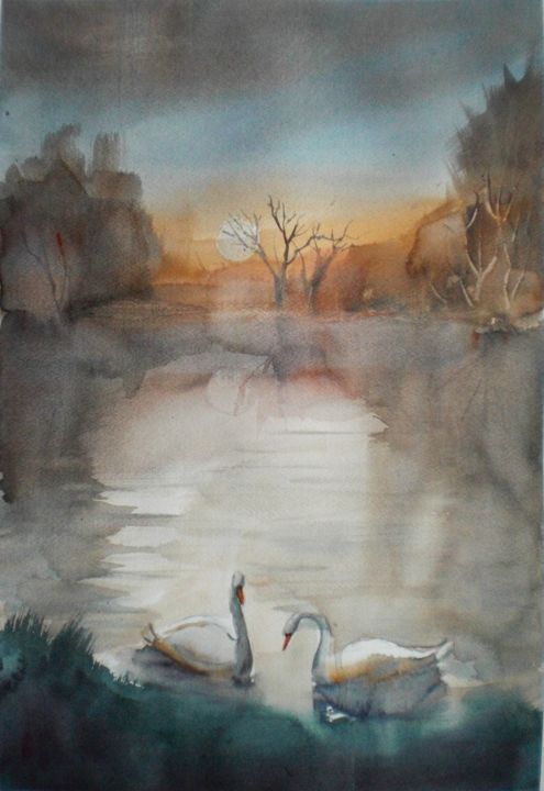Malarstwo zatytułowany „swans” autorstwa Giorgio Gosti, Oryginalna praca, Akwarela