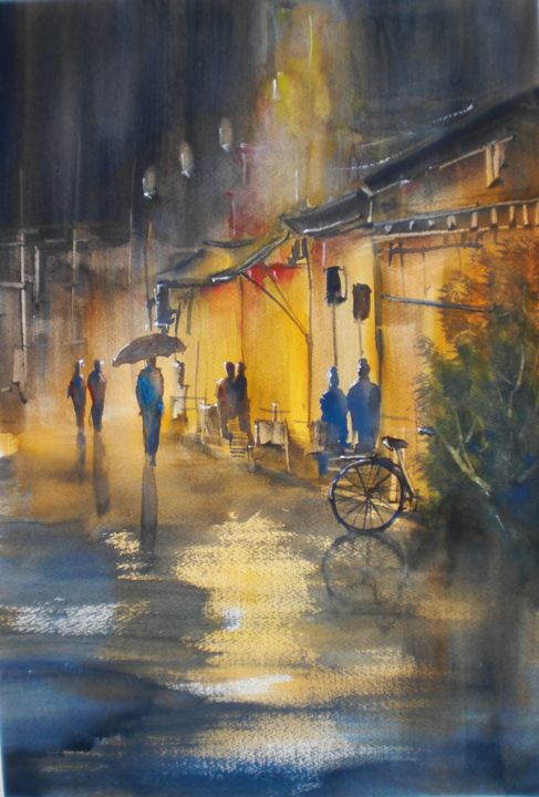 Painting titled "lights in the night" by Giorgio Gosti, Original Artwork, Watercolor