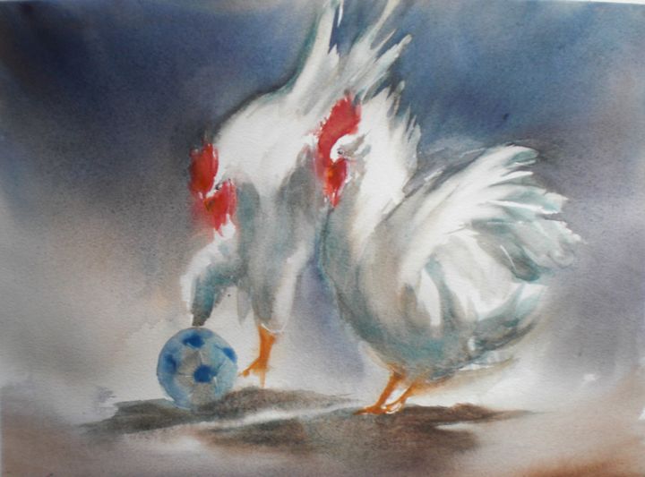 Painting titled "roosters" by Giorgio Gosti, Original Artwork, Watercolor
