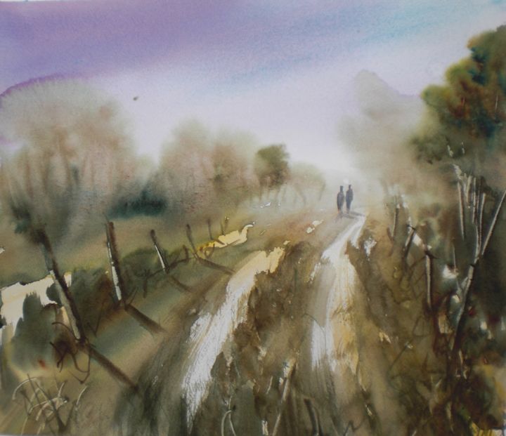 Painting titled "The path" by Giorgio Gosti, Original Artwork, Watercolor